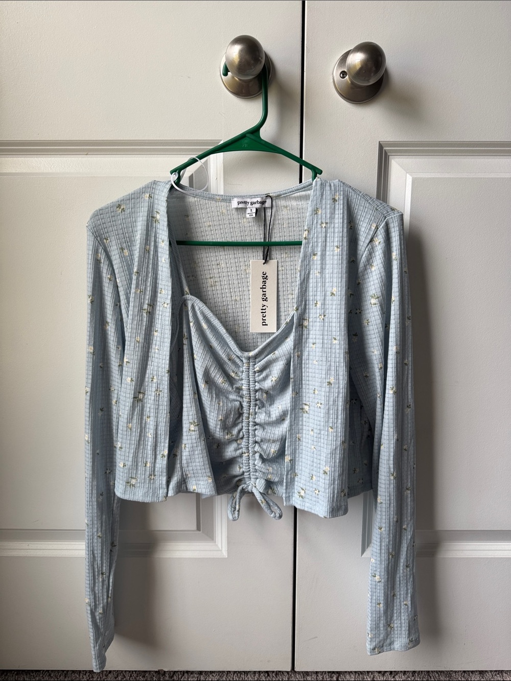 Pretty Garbage Blue Floral Ruched Crop Top & Cardigan Set- Large